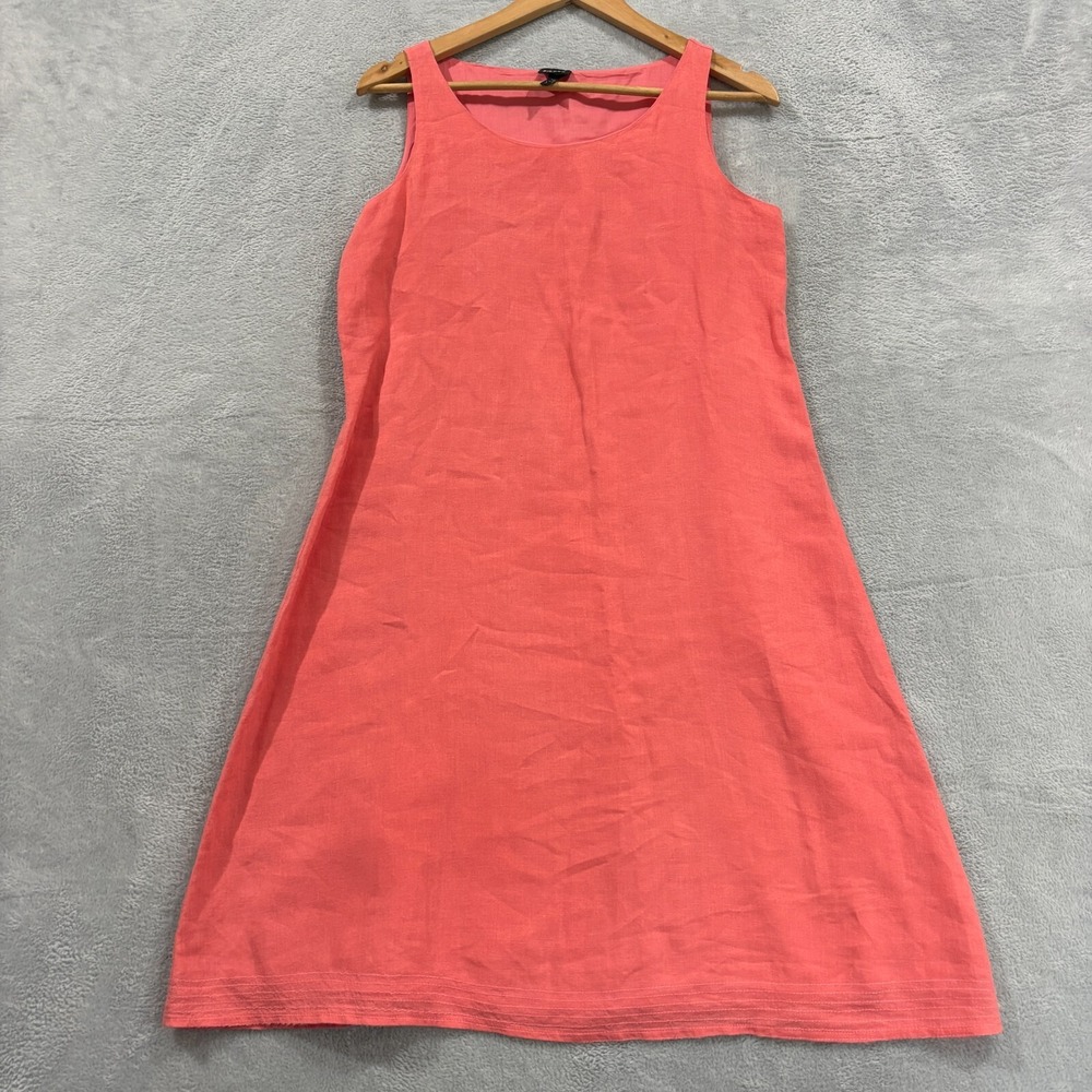 EILEEN FISHER Dress Small Linen A-Line Sleeveless Peach Crew Neck Strappy Boho